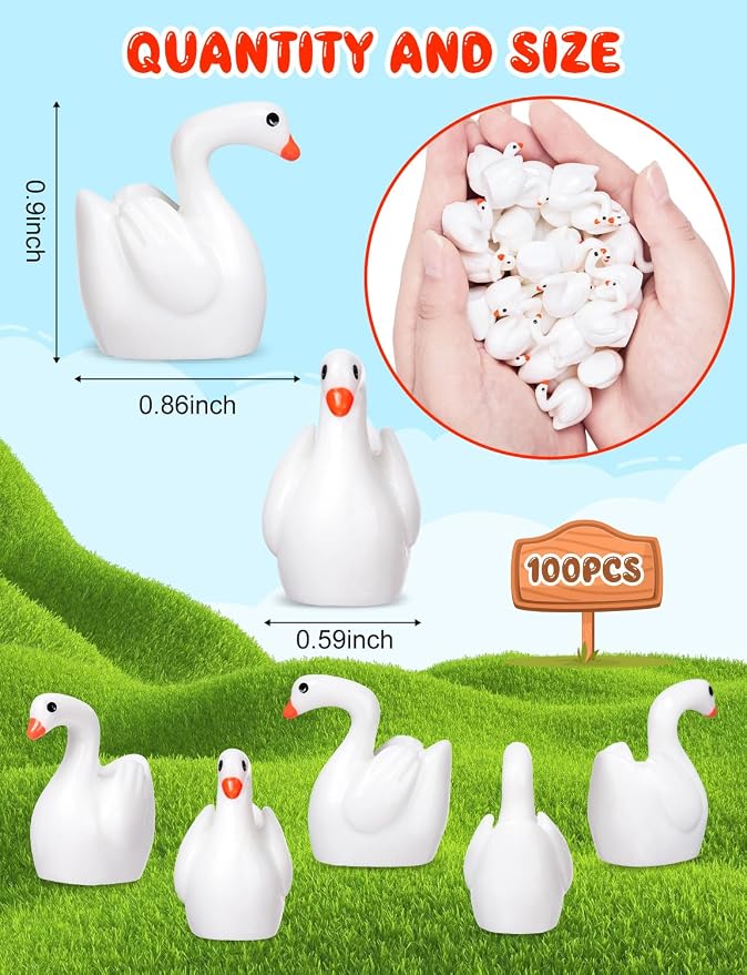 100pcs Mini Resin Goose Figurine | Micro Landscape Dollhouse Ornament, Cake DIY Craft, Office Desk Ornaments, Birthday Decoration Gift