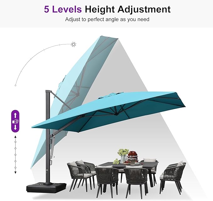 PURPLE LEAF 12' X 12' Square Patio Umbrella with Wheeled Base Large Offset Hanging Outdoor Cantilever Umbrella Included Base for Garden Deck Backyard Pool Turquiose Blue