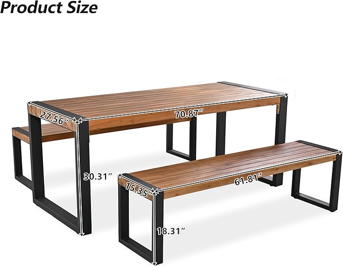 LUMISOL 3 Pieces Patio Dining Set with Bench, Acacia Wood Space Saving Outdoor Rectangular Picnic Table Set, Wood