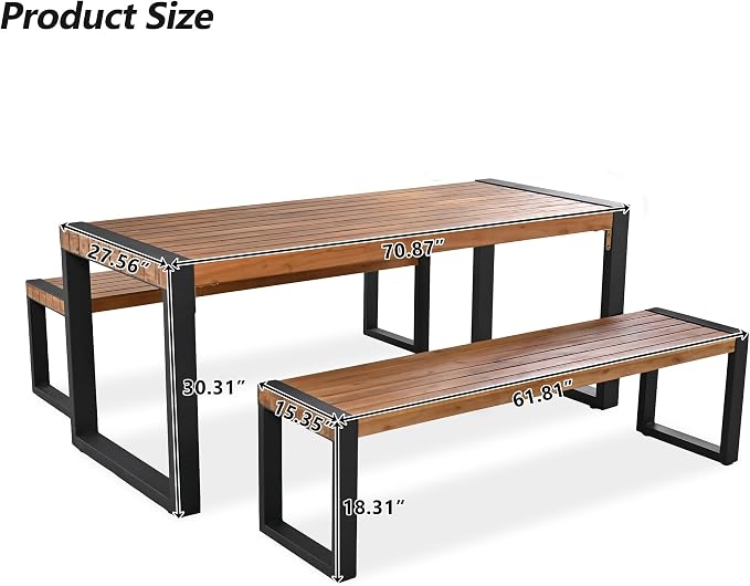 3 piece Outdoor Dining Table with 2 Benches, Space Saving Dining Room Table with Unique Top Texture, Acacia Wood Top & Steel Frame, All Weather Use for Outdoor & Indoor, Acacia Wood Color