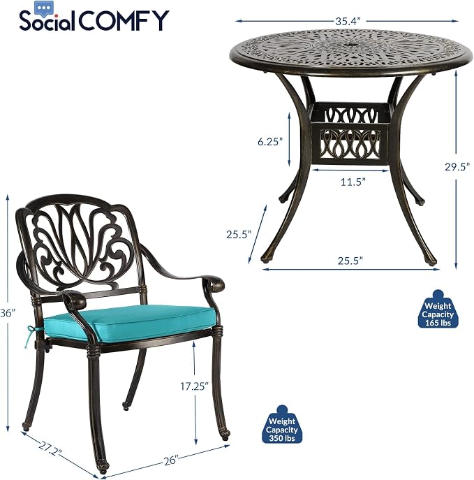 5-Piece Outdoor Patio Dining Set, All-Weather Cast Aluminum Patio Table Set, Include 4 Cushioned Chairs and a 35.4 inch Round Table w/Umbrella Hole for Balcony Garden Backyard, Ocean Blue