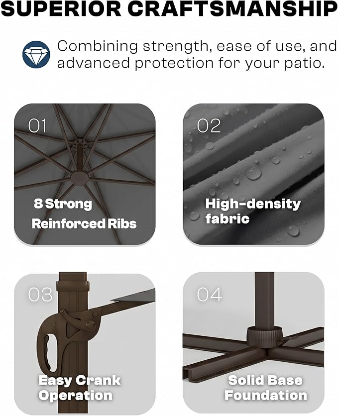 11 FT Round Cantilever Umbrella,Easy Tilt, Fade Resistant & 360° Rotation, Offset for Pool Deck Backyard Patiocharcoal gray (Base not Included)