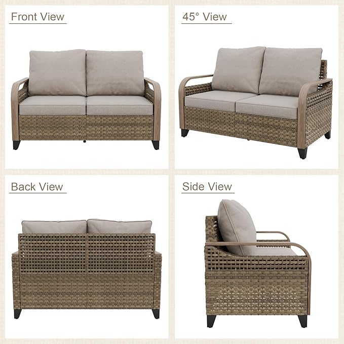 Modern Wicker Patio Furniture Set, Rattan Outdoor Conversation Set with Comfortable Cushions, 2 Seat Loveseat and 2 Ottomans, 3 Pieces, Brown/Gray