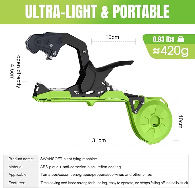 SWANSOFT Plant Tying Machine, Lightweight Plant Vine Tying Tape Machine Tool, Planting Tape Gun for Tomatoes, Grapes and Vegetable Garden, Come with 20000pcs Staples 20 Rolls (Green-New)