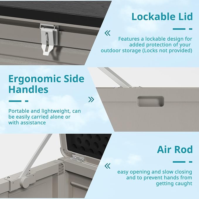 HUGROVE Resin Deck Box, 130 Gallon Outdoor Storage Box with Lockable Lid, Waterproof Patio Storage for Garden Tools & Outdoor Accessories (Light Gray)