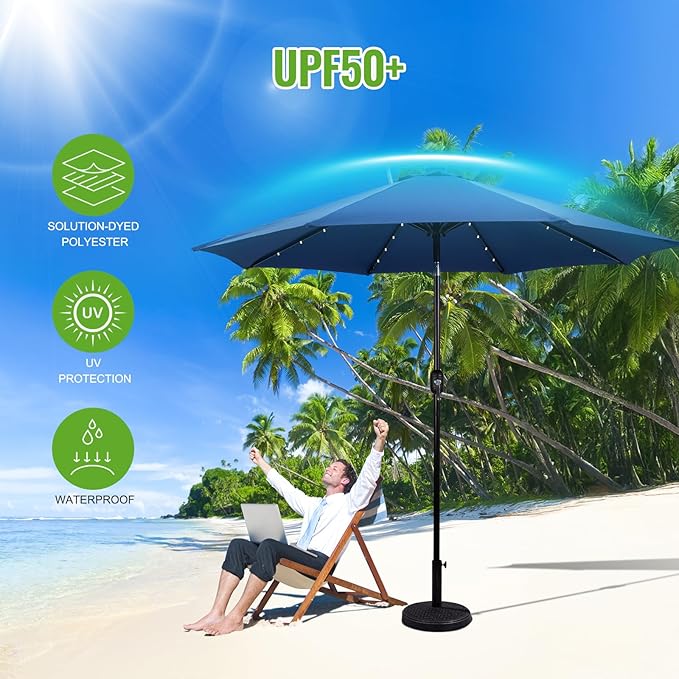 Backyard Expressions 9FT Solar Patio Umbrella with 32 LED Lights, UPF50+ UV Protection, Fade-Resistant Fabric, Easy Tilt & Crank, Outdoor Umbrella for Patio, Deck & Pool (Base Not Included)