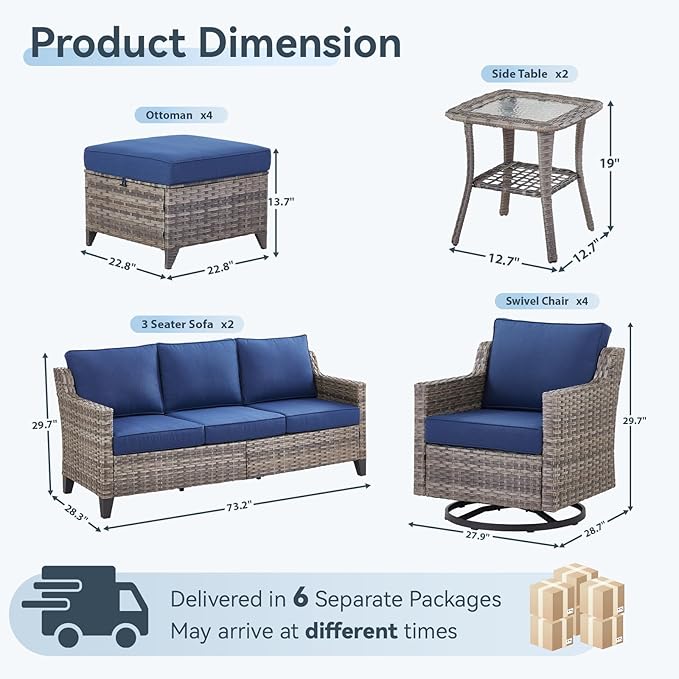 12 Piece Patio Furniture Set-High Back Outdoor Furniture Set Sectional Sofa with Wicker Swivel Patio Chairs,Comfy Cushions Ottomans for Porch Balcony Patio Deck Grey/Blue