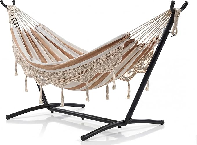 Portable 2-Person Hammock with Heavy-Duty Steel Stand & Lace Detailing, Supports Up to 450 LBS – Perfect for Outdoor Patio, Backyard & Poolside Lounging, No-Tool Quick Assembly