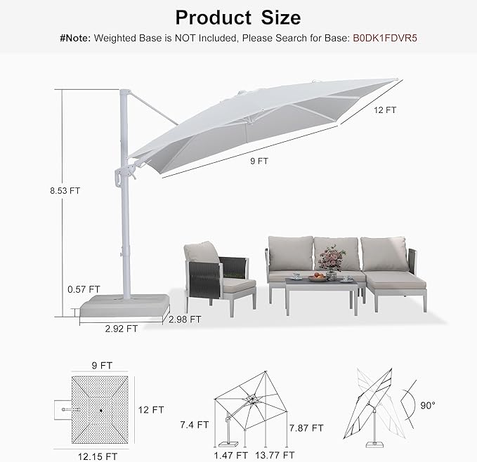 PURPLE LEAF 9' X 12' Right-left Tilt White Cantilever Umbrella with Base Patio Outdoor Swivel Umbrellas with Aluminum Tilt Offset Umbrella with 360° Rotation for Deck Pool, White