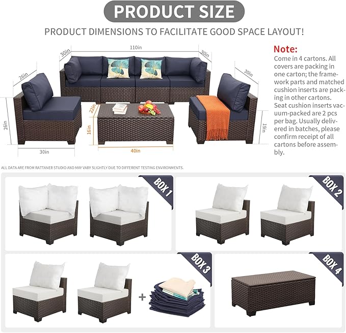 7 Pieces Outdoor Wicker Furniture Conversation Set Patio Sectional Sofa Couch Patio Storage Table Thicken(5") Non-Slip Cushions Furniture Cover, Navy Blue