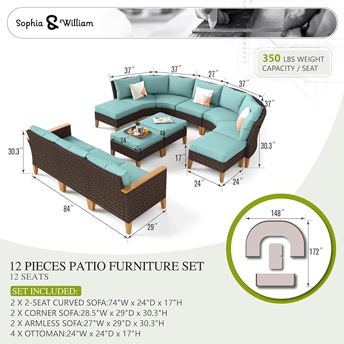 Sophia & William Outdoor Wicker Sectional Sofa Set, 12 Piece Half Moon Curved Patio Furniture Modern Round Outdoor Couch Conversation Set with Ottoman for Backyard, Pool, Garden(Aqua Blue)