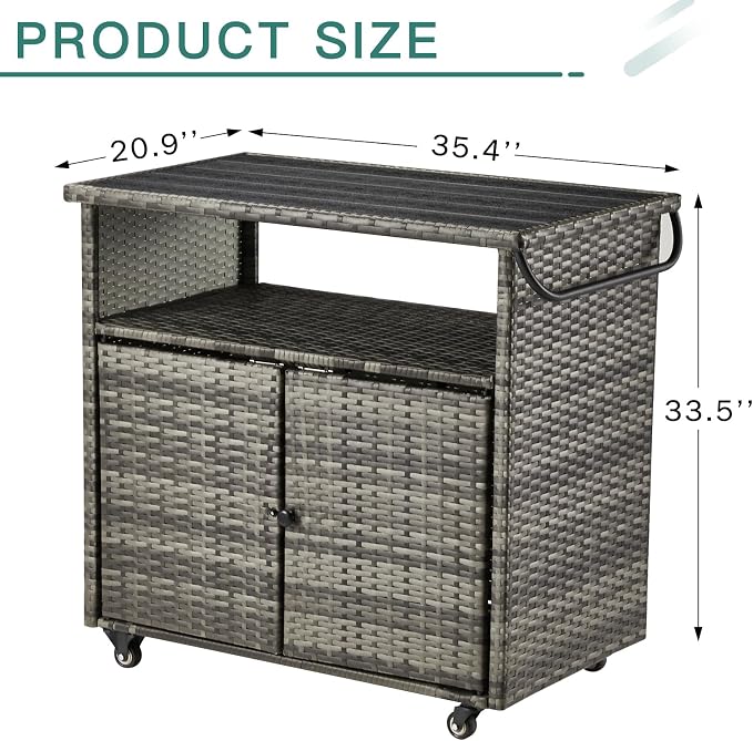 Outdoor Bar Cart, Patio Storage Grill Cart with Handles, Waterproof Liner and 4 Universal Wheels, Fade-resistant PE Rattan Storage Box for Cushions, Gardening Tools, Outdoor Deck Box, Gray