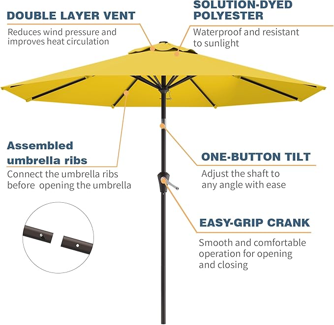 10FT Patio Umbrella, Outdoor Umbrella with Push Button Tilt and Crank, 8 Sturdy Ribs, UV Protection & Waterproof Market Umbrella for Pool, Backyard, Beach,Deck (Yellow)