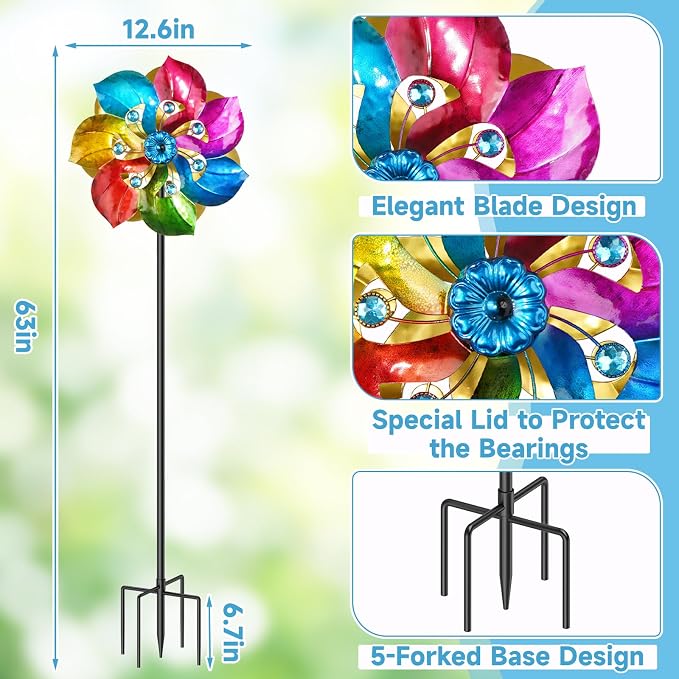 Double Sided Wind Spinner Outdoor Metal Wind Sculpture with Adjustable Height Pole & 5 Prong Base, Rainbow Floral Kinetic Wind Art Decor for Yard Garden Lawn Patio Outside Decoration