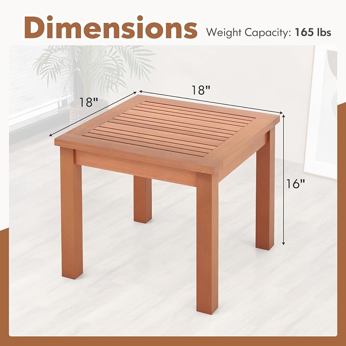Tangkula 2 Pieces Adirondack Outdoor Side Table, 18" Small Square Patio End Table with Slatted Tabletop, Natural Eucalyptus Wood Side Table for Backyard, Garden, Porch & Poolside