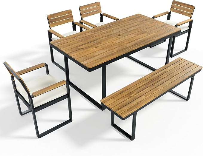 6-Piece Outdoor Acacia Wood Dining Set, 1 Table with 4 Chairs & 1 Bench, Comfortable Cushions on Chairs, Adjustable Feet, for Patio, Garden, Backyard Family Gatherings (Beige-6A)