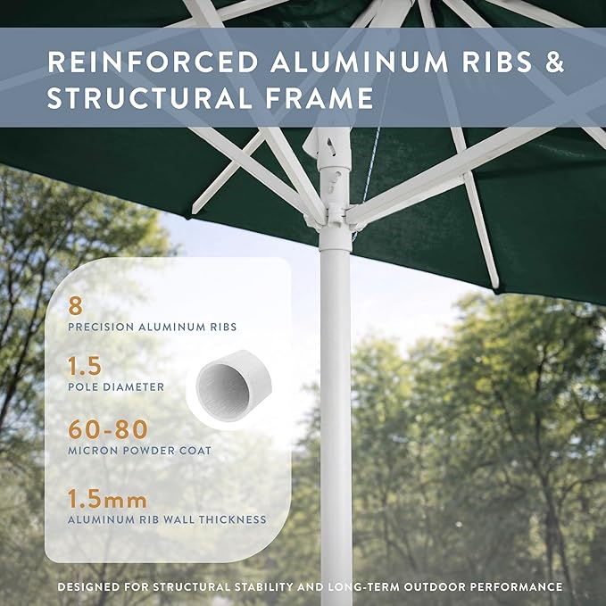 California Umbrella 10-Year Protection 9 Ft Outdoor Patio Umbrella, Pacifica Fade-Resistant Fabric, Auto-Tilt, Heavy Duty Aluminum Frame, 8 Reinforced Ribs for Pool or Deck, White Pole, Hunter Green