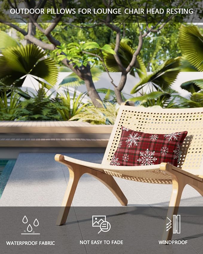 Outdoor Pillows Covers with Inserts Christmas Winter Snowflake Red Black Buffalo Plaid Waterproof Pillow with Adjustable Strap Throw Pillows for Patio Furniture Recliner Lounge Chair, 11x16 inch, 1PCS