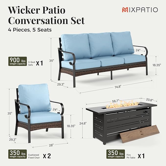 Patio Furniture Set with Firepit Table, Black Frame Outdoor Conversation Set with 2 x Fixed Chairs, 1 x 3-Seat Sofa for Lawn Garden Backyard, Blue