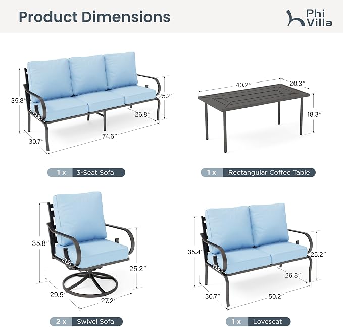 PHI VILLA Patio Furniture Set, a Loveseat, 3-Seater Sofa, 2 Swivel Chairs and a Coffee Table, Outdoor Metal Conversation Set with 5.75" Extra Thick Cushion for Garden Backyard Deck, Blue