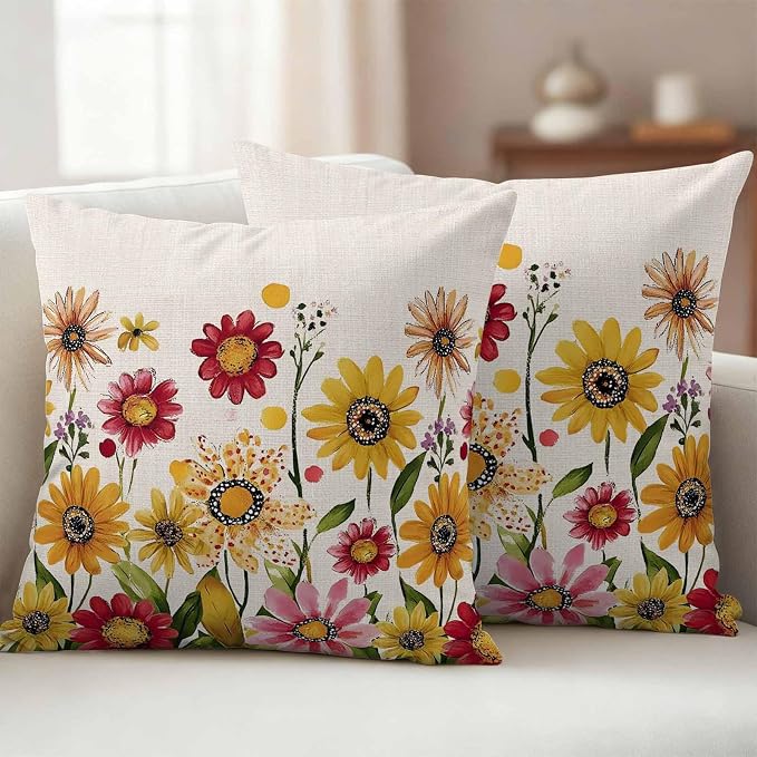 Yellow Red Spring Floral Outdoor Waterproof Throw Pillow Covers 24x24 Set of 2, Pastoral Summer Flower Rustic Decorative Pillowcases Cushion Pillowcase for Couch Sofa Patio Outside Pillow Protector