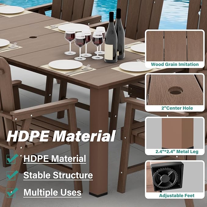 9-Piece Patio Dining Set, Outdoor Dining Set for 8, Large HDPE All-Weather Outdoor Furniture with 89.57” Umbrella Hole Table, 8 Armchairs, Brown