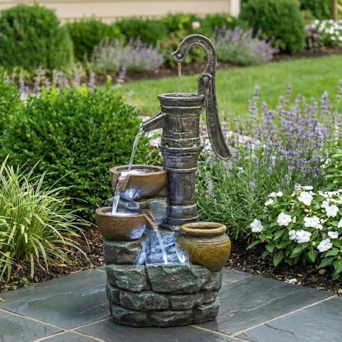 32.3'' Large Outdoor Water Fountain with Vintage Pump, Weather-Resistant Patio Yard or Garden Decor, Serene Waterfall Sound for Home