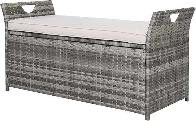 33 Gallon Outdoor Storage Bench with Cushion, Outdoor Wicker Storage Box, Patio Deck Box with Seat, for Garden, Balcony, Poolside, Grey