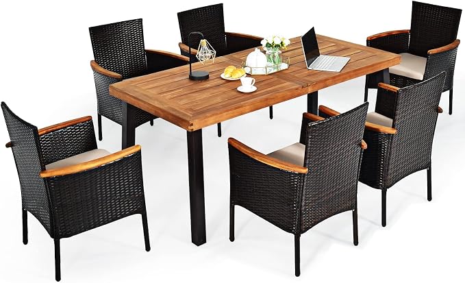 Tangkula 7 Pieces Patio Dining Set, Patiojoy Outdoor Conversation Set w/Acacia Wood Top Table & 6 Stackable Rattan Chairs, Wicker Dining Furniture w/Umbrella Hole, Steel Frame, Sponge Seat Cushions