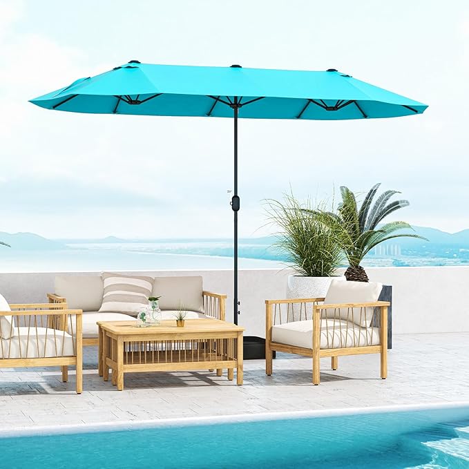 Giantex Patio Umbrella with Base, Double-Sided Outdoor Umbrella with Crank Handle, Umbrella Base Stand with 2 Sandbags, 12 Metal Ribs, Market Umbrellas for Garden Poolside Deck