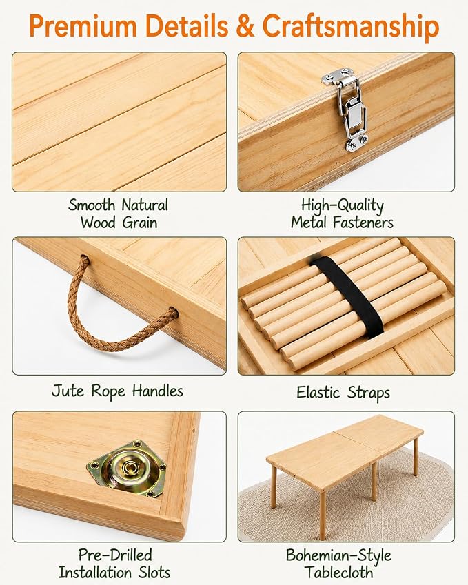 Folding Picnic Table, 60 x 30 in Solid Wood Boho Low Picnic Table with Table Runner, Portable Foldable Floor Table with Adjustable Height for Beach, Camping, Backyard, Wedding & Outdoor Parties