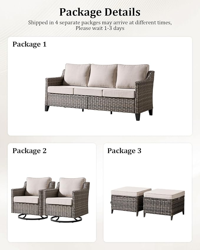 Outdoor Furniture Set of 7, Patio Furniture Set with 4 Wicker Swivel Rocker Chairs, 2 Ottomans and Sofa, High Back&Deep Seat for Garden Deck Porch Balcony Backyard - Beige