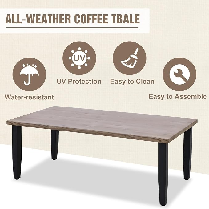 Modern Outdoor Coffee Table, Wood Grain Top Patio Rectangle Table for Deck, Porch, Garden, Weather Resistant Steel Frame, Brown