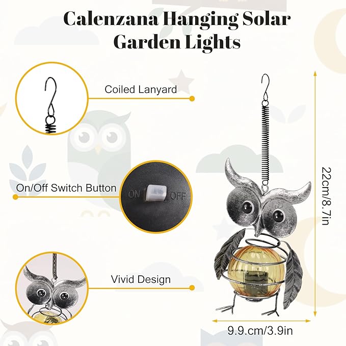 Calenzana Silver Owl Outdoor Solar Garden Light, Waterpoof Hanging Solar Light for Yard Patio Backyard Porch, Gifts for Women Mom Grandma