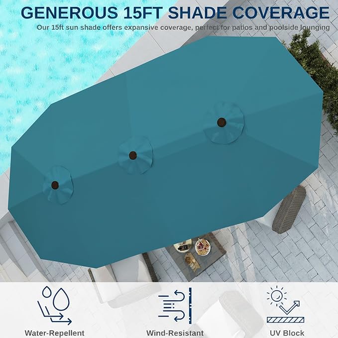 15FT Large Patio Umbrella with Base, Double Sided Rectangular Outdoor Umbrella with Sturdy Fiberglass Ribs, UPF 50+ Sun Protection, Wind-Resistant, Waterproof Fade-Resistant Fabric for Pool, Garden, Backyard, Deck(Lake Blue)