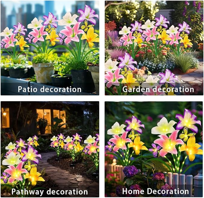 Solar Lights Outdoor, Gift for Women Mom Grandma Wife, 4 Pack 16 Solar Lily Flower Lights With 8 Butterfly Decor, Solar Flower Lights Waterproof Outside Decor Stake Light for Landscape Yard Patio Lawn