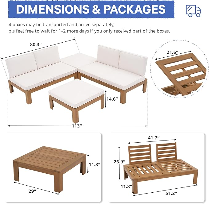 SUNSITT 4 Piece Acacia Wood Patio Furniture Outdoor Sectional Sofa Set with Adjustable Armrest, FSC Certified L-Shaped Patio Set w/2-in-1 Coffee Table, Cream White Cushions for Garden