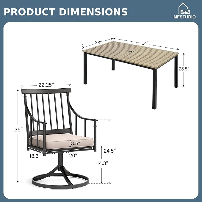 MFSTUDIO 7-Piece Patio Dining Set, Swivel Metal Chairs, Umbrella Hole | 64" Rectangular Wood-Look Metal Table, Removable Cushions