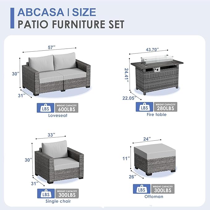 ABCASA Patio Furniture Set with Fire Pit Table, 44'' 60,000 BTU Flame Comfortable 7 Pieces Wicker Rattan Outdoor Furniture Set w/Soft Cushion, Patio Conversation Sets for Porch,Deck,Poolside,Grey