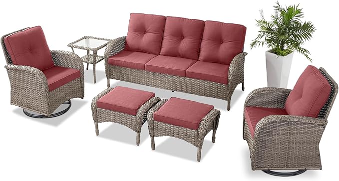 Belord 6 Pieces Wicker Patio Furniture Set - Swivel Rocker Outdoor Chairs with Outdoor Couch and Side Table, All-Weather Patio Conversation Set for Sunroom Backyard Deck