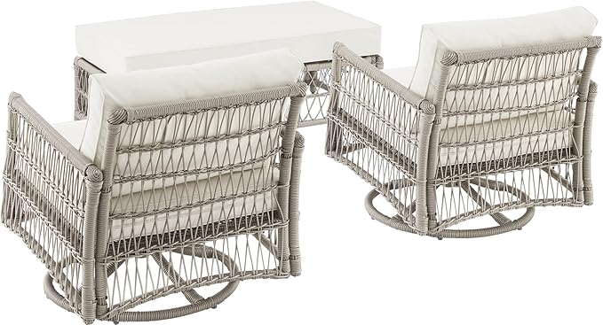 Crosley Furniture Thatcher 3-Piece Outdoor Swivel Rocker Chair and Ottoman Patio Furniture Set, Wicker Conversation Sets for Porch, Driftwood with Creme Cushions
