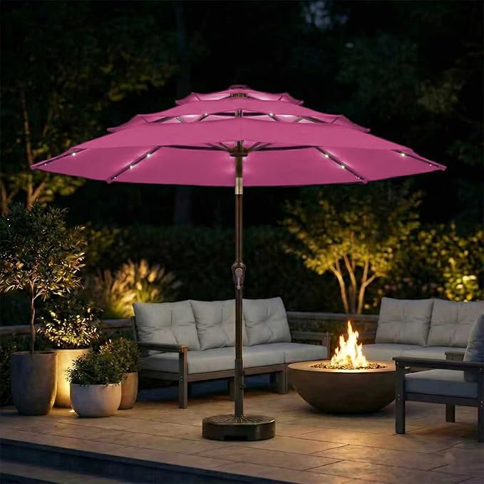 10ft 3-Tier Patio Umbrella with 32 Solar Powered LED Lights, Windproof Outdoor Market Umbrella for Deck, Poolside & Garden, Sturdy Push-Button Tilt Table Umbrella, Rose Pink
