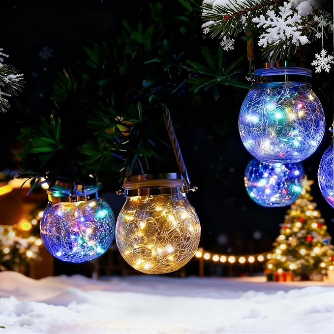 Hang Outdoor Solar Lights Waterproof, 2 Pack 30LED Cracked Glass Ball Decorative Lanterns, Solar Powered Landscape with Handle for Yard Patio Fence House Holiday Decor, Birthday Gift for Women