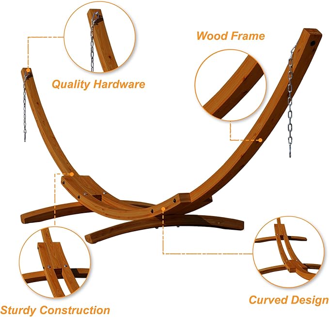 Lazy Daze Hammocks 12 FT Double Quilted Fabric Hammock and 13 FT Brown Wood Arc Stand, with Spreader Bar, Removable Pillow, 2 Person Hammock for Poolside Outdoor Patio, 450 lbs Capacity, Navy Blue
