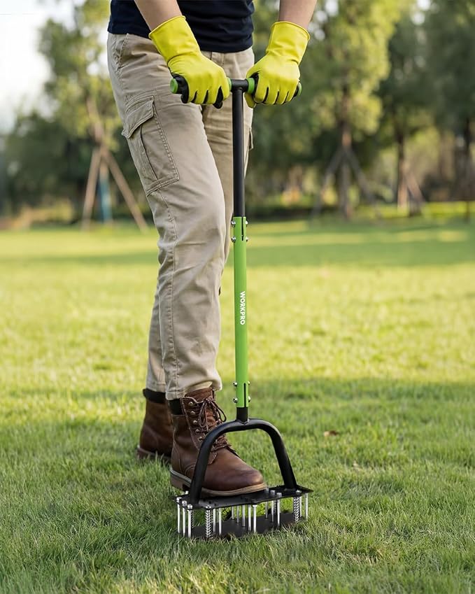 WORKPRO 38” Lawn Aerator Tool with 17 Spikes, Manual Lawn Aerators with Dual-Layer Design, Ergonomic T-Handle, Heavy Duty Manual Grass Aerator for Lawn Aeration, Soil Loosening, and Yard Care