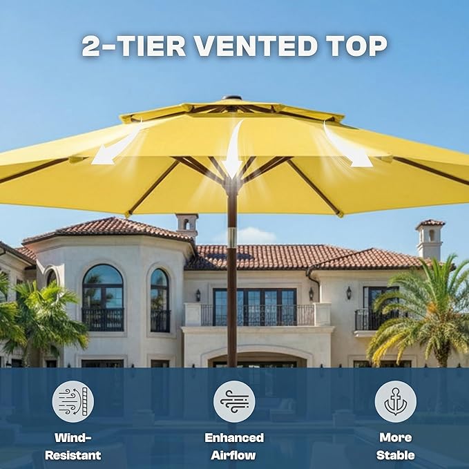 Outdoor Patio Umbrella, 2 Tiers Market Table Umbrella with 8 Sturdy Ribs, Push Button Tilt and Crank, UPF50+ UV Protection for Deck, Pool, Garden and Backyard