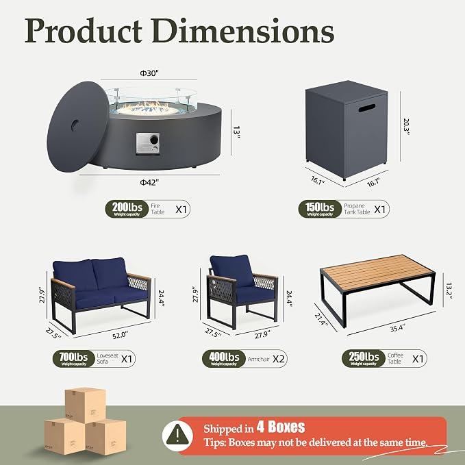 UPHA 6 Pieces Patio Furniture Set with 42" Propane Gas Fire Pit Table, Metal Outdoor Sectional Couch Set with Loveseat Sofa, Modern Patio Conversation Set for Porch Balcony Deck, 4 Seats, Navy Blue