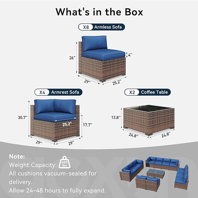 LazySunsets 14 Piece Outdoor Patio Furniture Set with Coffee Table, Outdoor Patio Furniture Sets with Waterproof Cover and Thicken Cushion, Wicker Outdoor Conversation Set for Backyard & Garden, Blue