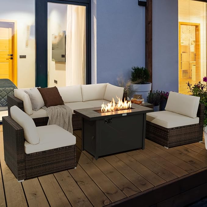 Tangkula 7 Piece Patio Furniture Set with Fire Pit Table, Includes 42 Inches 60,000 BTU Propane Rectangle Fire Pit and Protective Cover, Outdoor Cushioned Sectional Sofa Set for 5 (Off White)