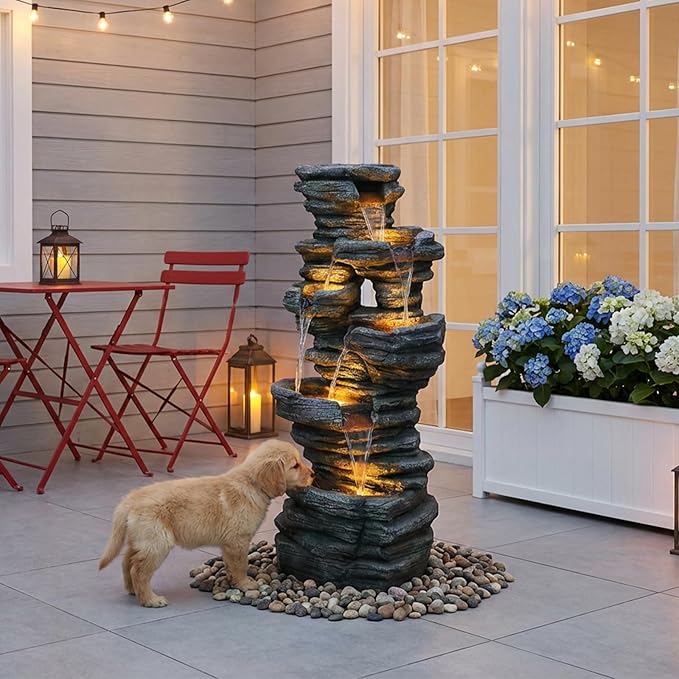 Bumilgar 42.5" H Garden Outdoor Water Fountain with LED Lights & Pump, Mutiply-Tier Cascading Outdoor Fountain Suitable for Garden/Patio/Yard/Deck/Balcony and Home Art Decor（Resin）